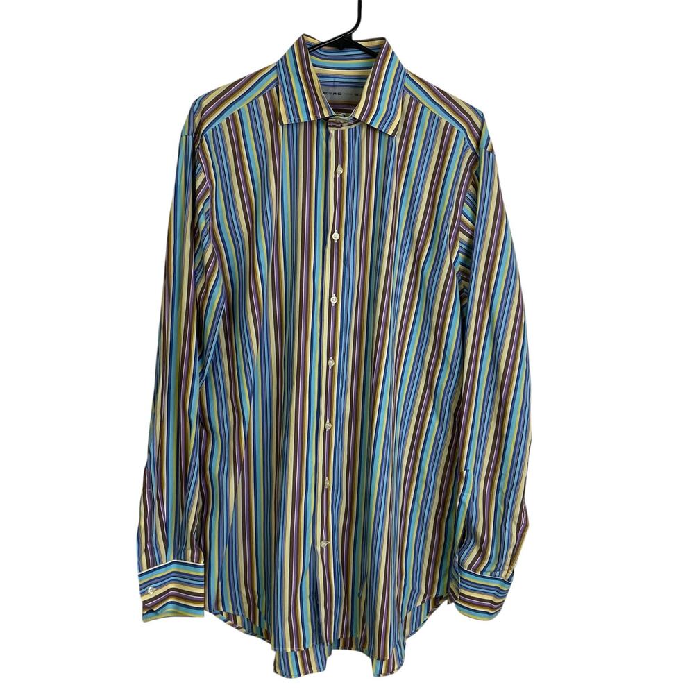 Etro Dress Shirt Mens Size 44 Multi Striped Long Sleeve Button Up Cotton Italy